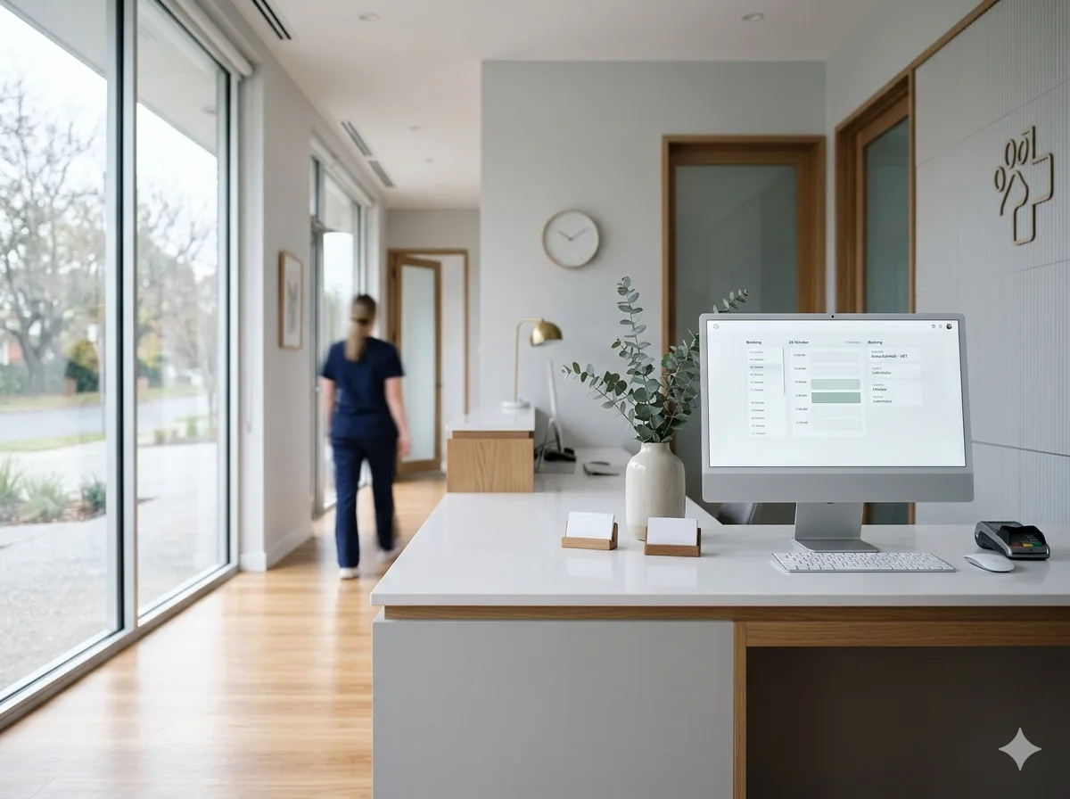 Veterinary practice reception desk with staff member in background