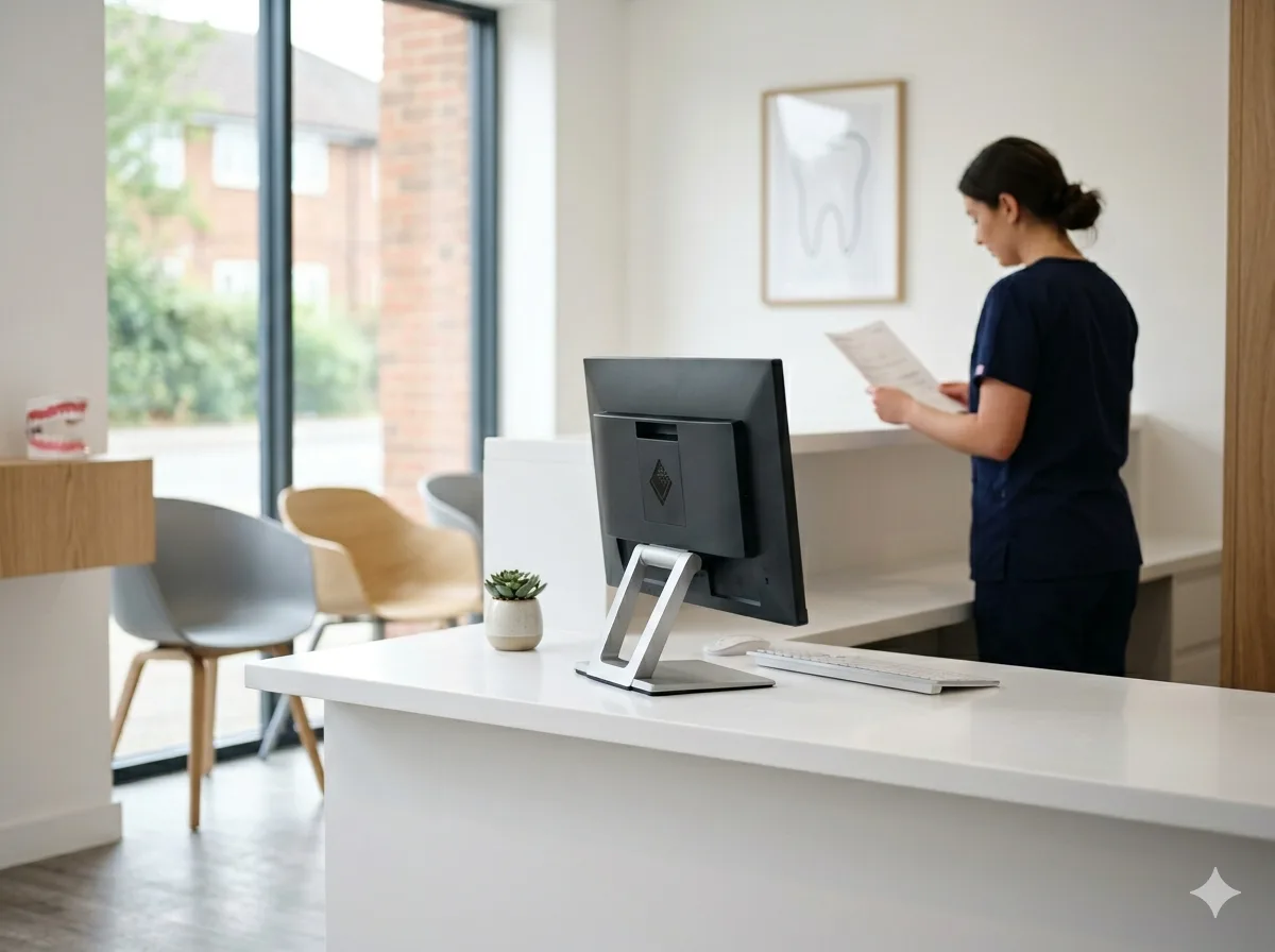 Modern dental practice reception with appointment schedule on monitor