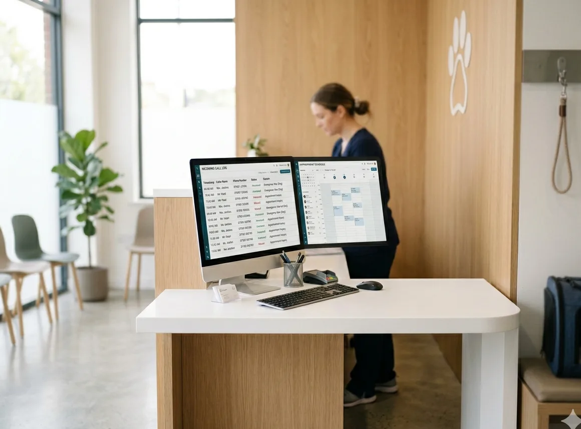 Clinical practice team using AI-assisted systems at the front desk