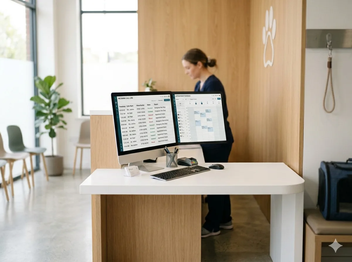 Modern veterinary practice reception desk with booking system